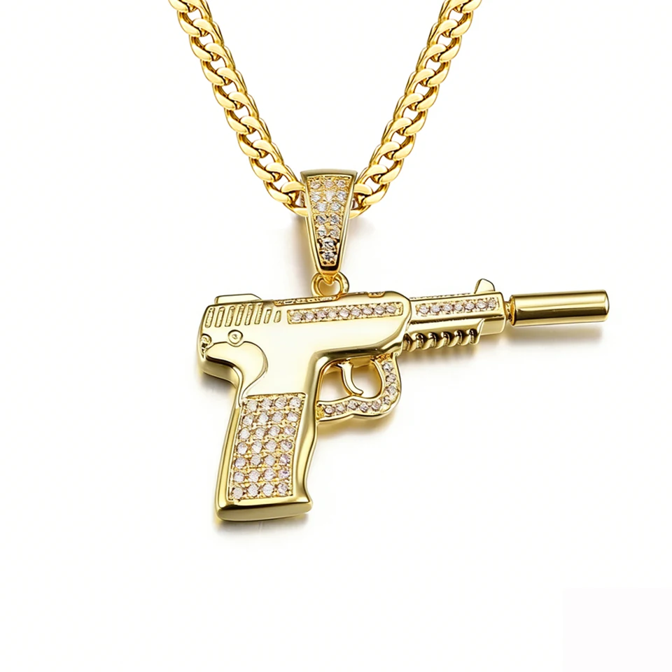 

VANAXIN Machine Gun Pendant for Men Silver Gold Color Male Jewelry Zircons Inlaid Stone Pistol Necklace