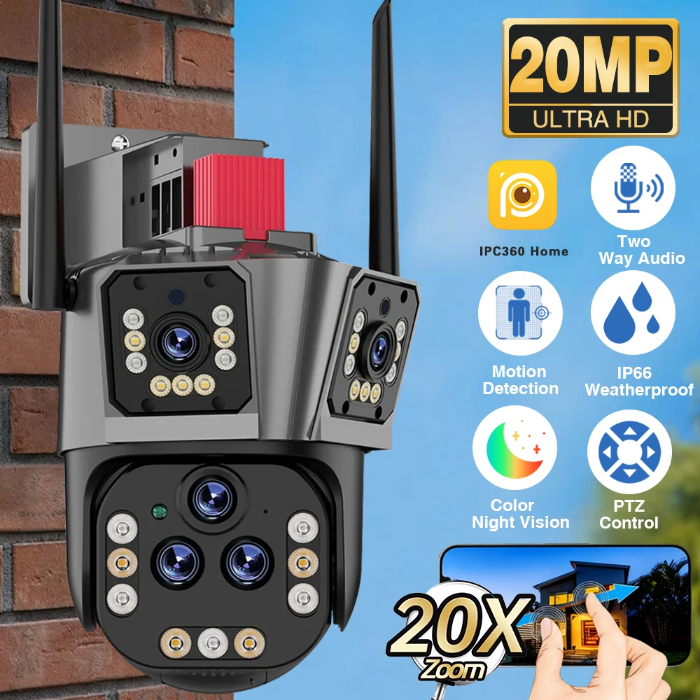 

20-мегапиксельная 10K уличная Wi-Fi PTZ-камера с 20-кратным зумом, трехэкранная камера видеонаблюдения, внешняя IP-камера безопасности, камера видеонаблюдения с искусственным интеллектом