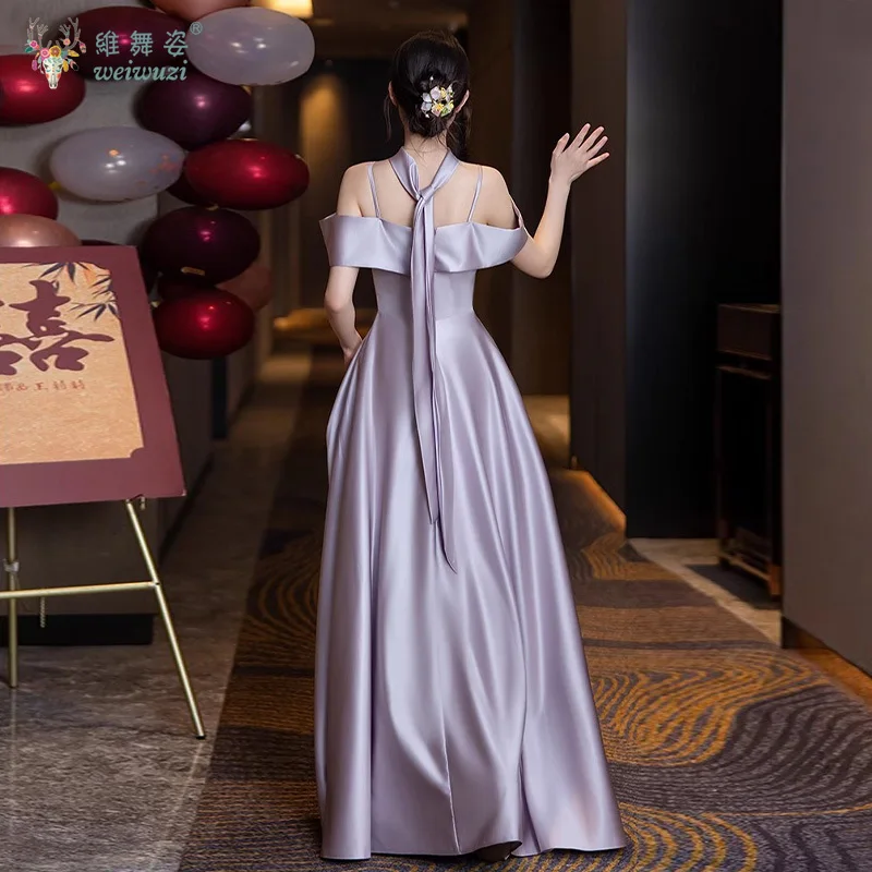 2025 novo roxo suave cetim uma linha colar fora do ombro gola quadrada mangas bolha cintura alta vestido de casamento da dama de honra