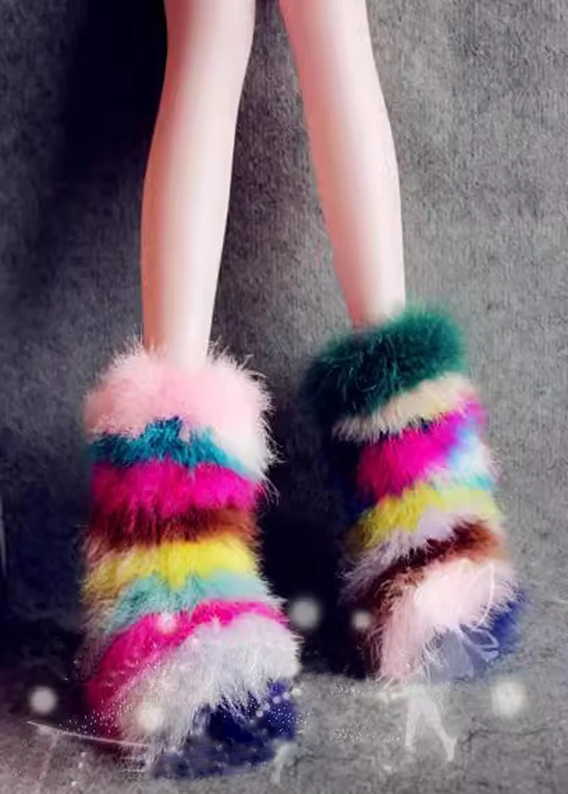 Folk Style Colorful Ostrich Fur Snow Boots Round Toe Inner Wedge Incresing Sole Women Slip On Mixed Color Fur Winter Boots