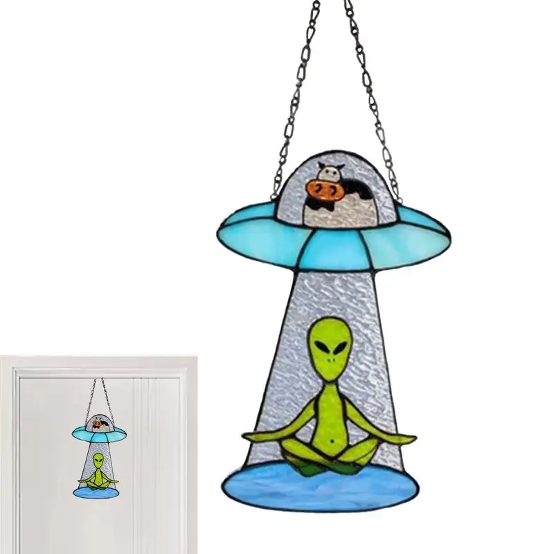 UFO Abduction A Cow Stained Sun catcher Acrylic Pendant Sunshine Catcher Cow Ornament Decorative Pendant Alien Window Decor