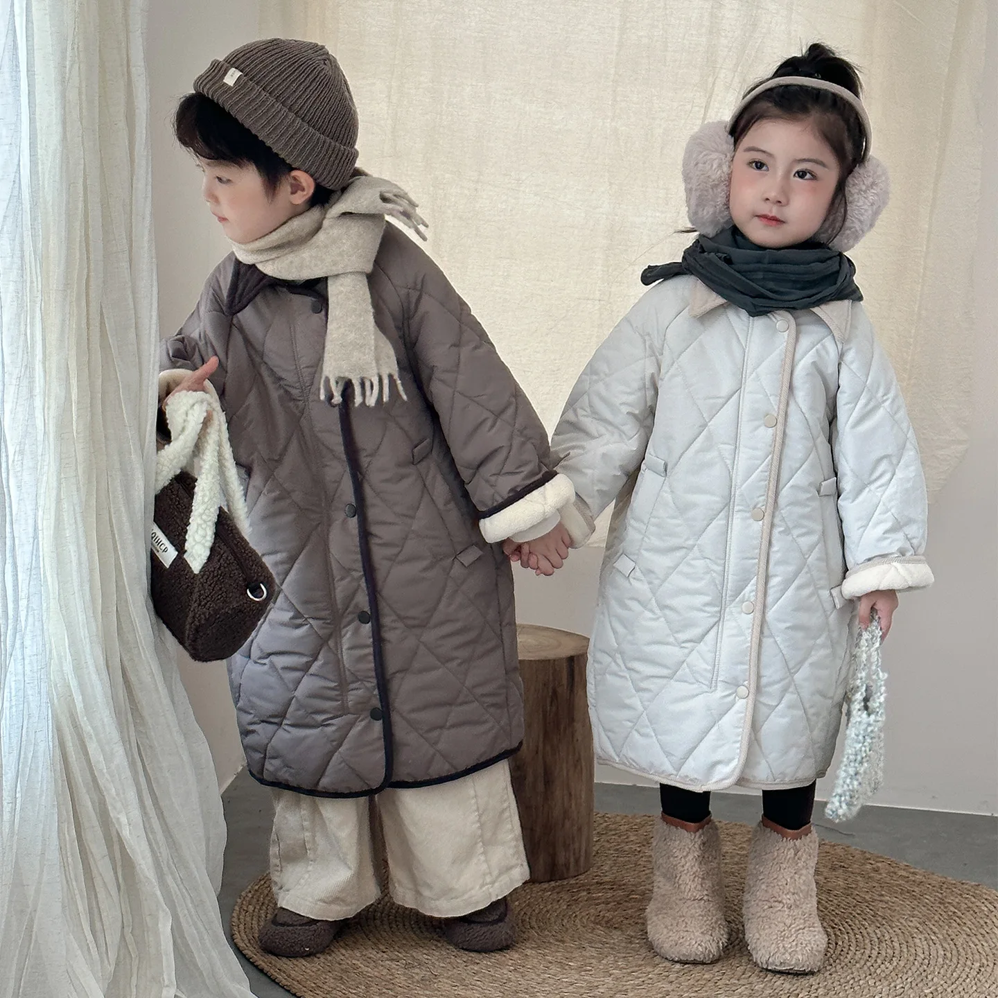 2025 Winter New Children Vintage Fleece Coat Boys Long Padded Jacket Plus Velvet Thick Girls Warm Windbreaker Kids Clothes
