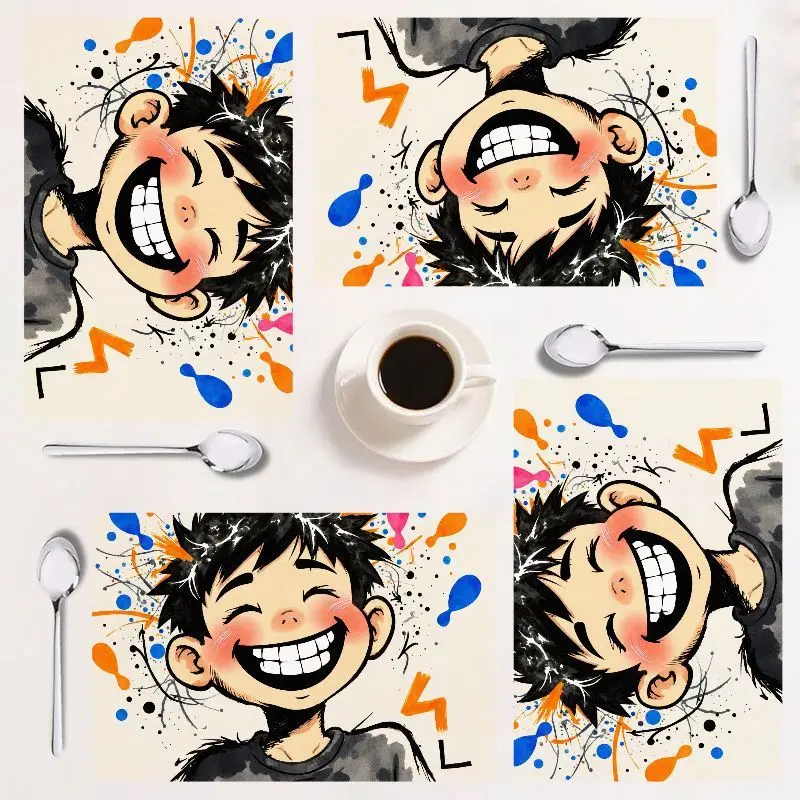 طقم مفرش طاولة مستطيل مكون من 4 قطع، تصميم كرتوني ملون، سهل التنظيف، ديكور مطبخ عصري، مثالي للتجمعات. #1