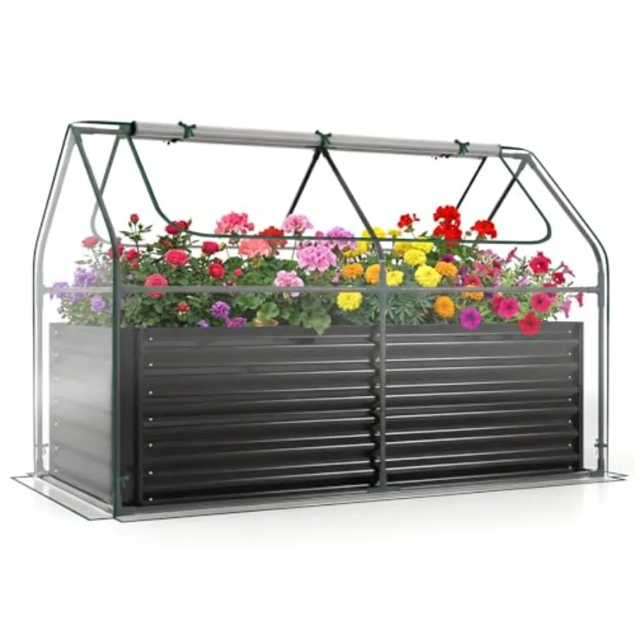 Raised Garden Bed with Cover 2 Roll-up Windows for outdoor use, galvanized steel, charcoal gray, rust-resistant and weatherproo