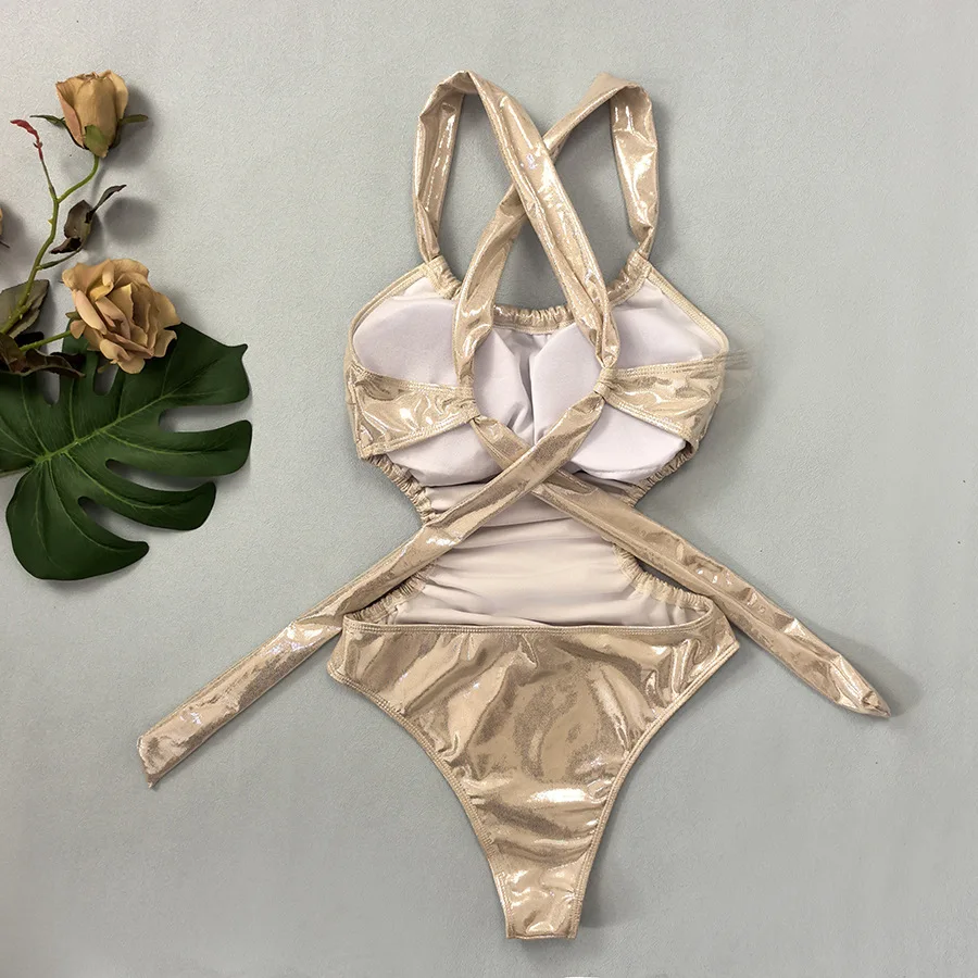 Sexy metallischer Champagner-Badeanzug, einteilig, faltiger Rücken, Krawatte, Bikinis, Bademode, Badeanzüge, Strand-Outfits, Bodysuit, Biquini, Tankini