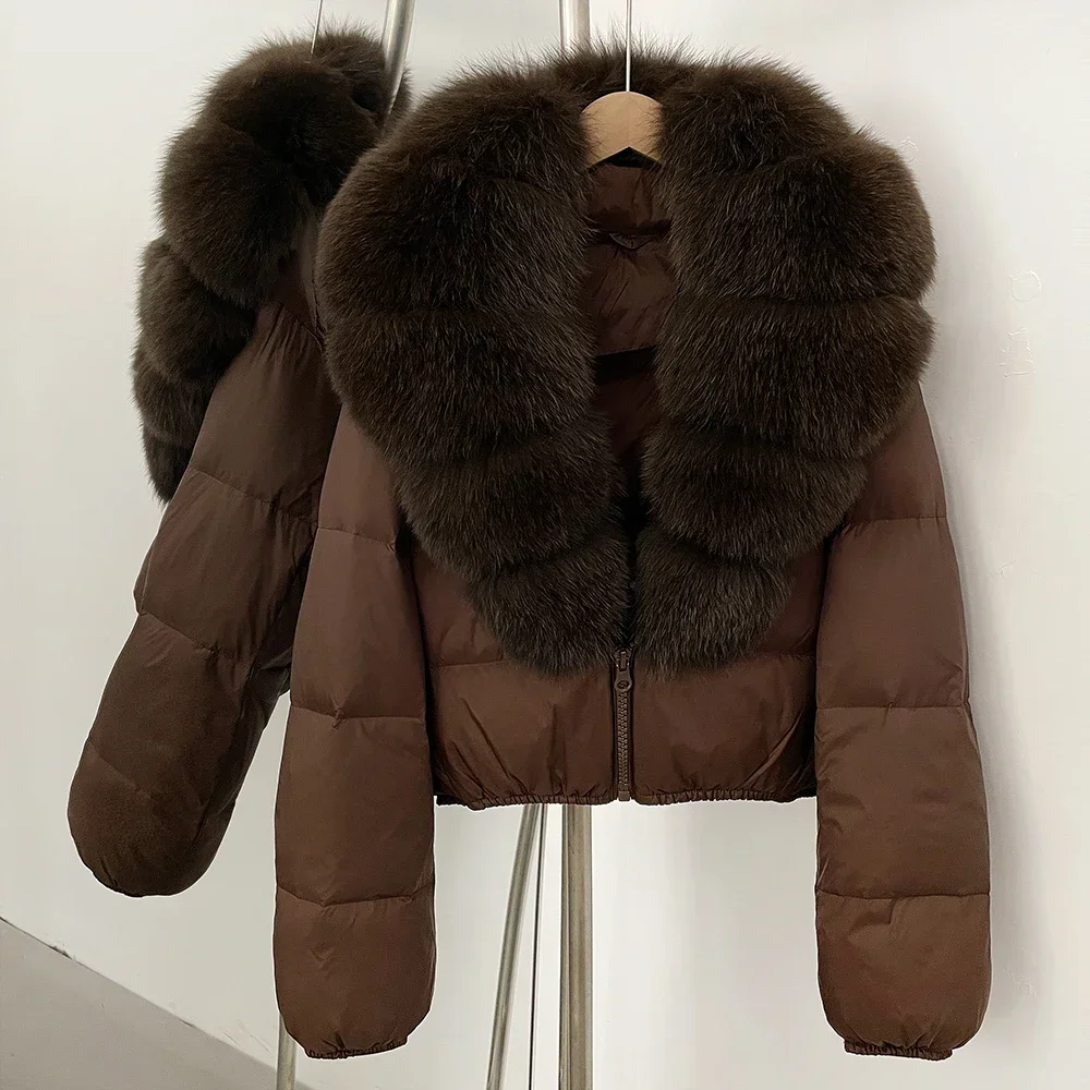 

Fashion Winter White Duck Down Coat 2025 Short Puffer Jacket Women Thick Natural Raccoon Fur Coat Loose Female Real Fur Jacket