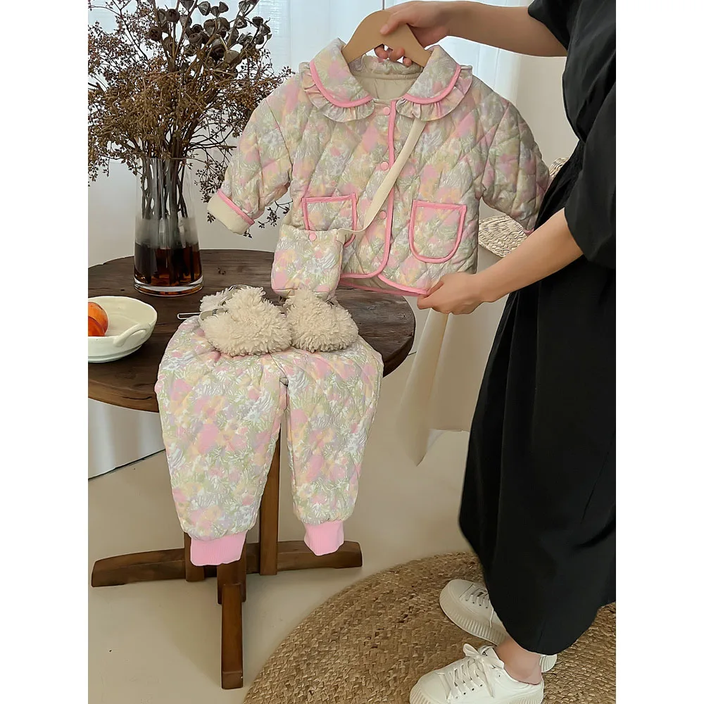 3pcs Floral Print Kids Cotton Suit for Girls Cute Ruffled One Breasted Padded Coat+Elastic Waist Warm Pants+Crossbody Bag