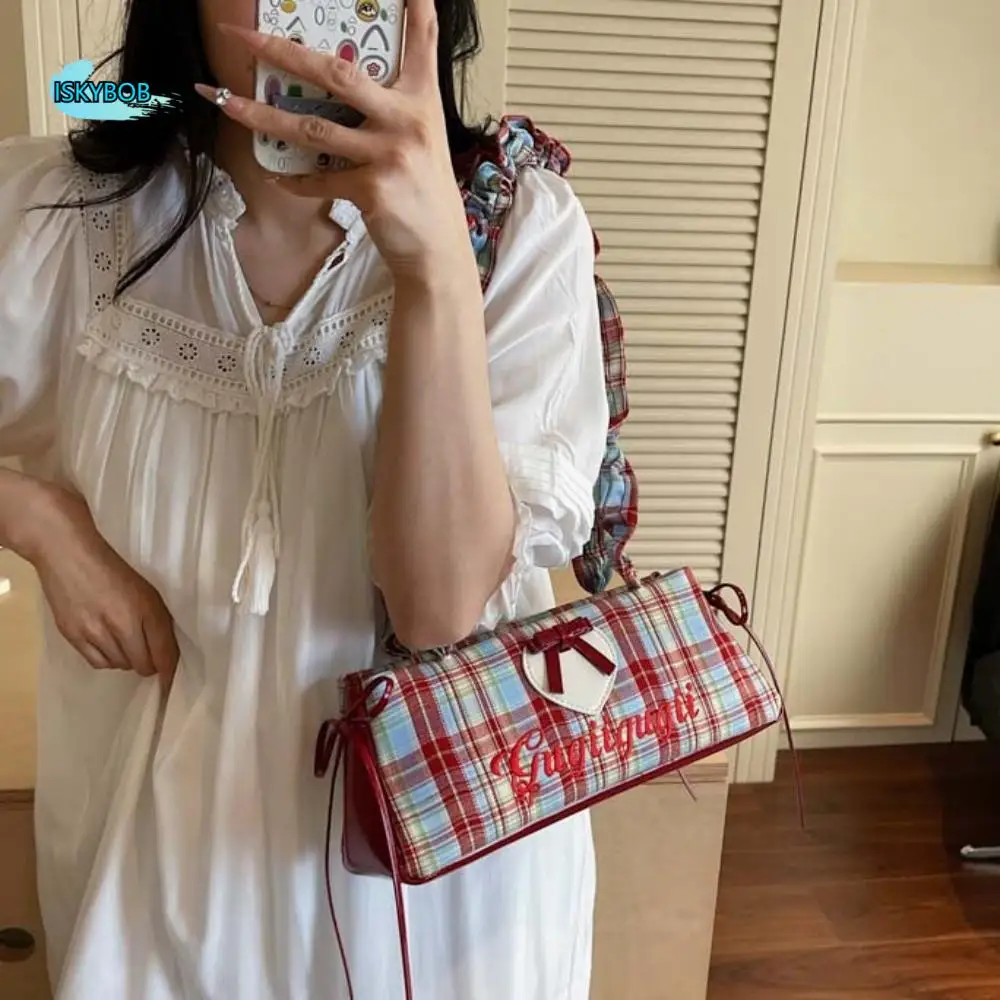 

Drawstring Shoulder Strap French Stick Handbag Pleated Contrast Color Plaid Shoulder Bag Large Capacity Bow Ribbon