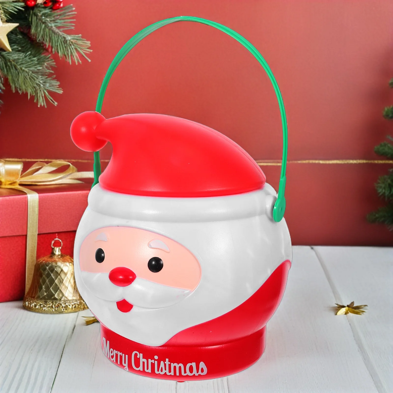 

Portable Candy Buckets Christmas Plastic Buckets With Handles Led Xmas Home Round Bucket Pails Kitchen Decor Candy Bars Baskets