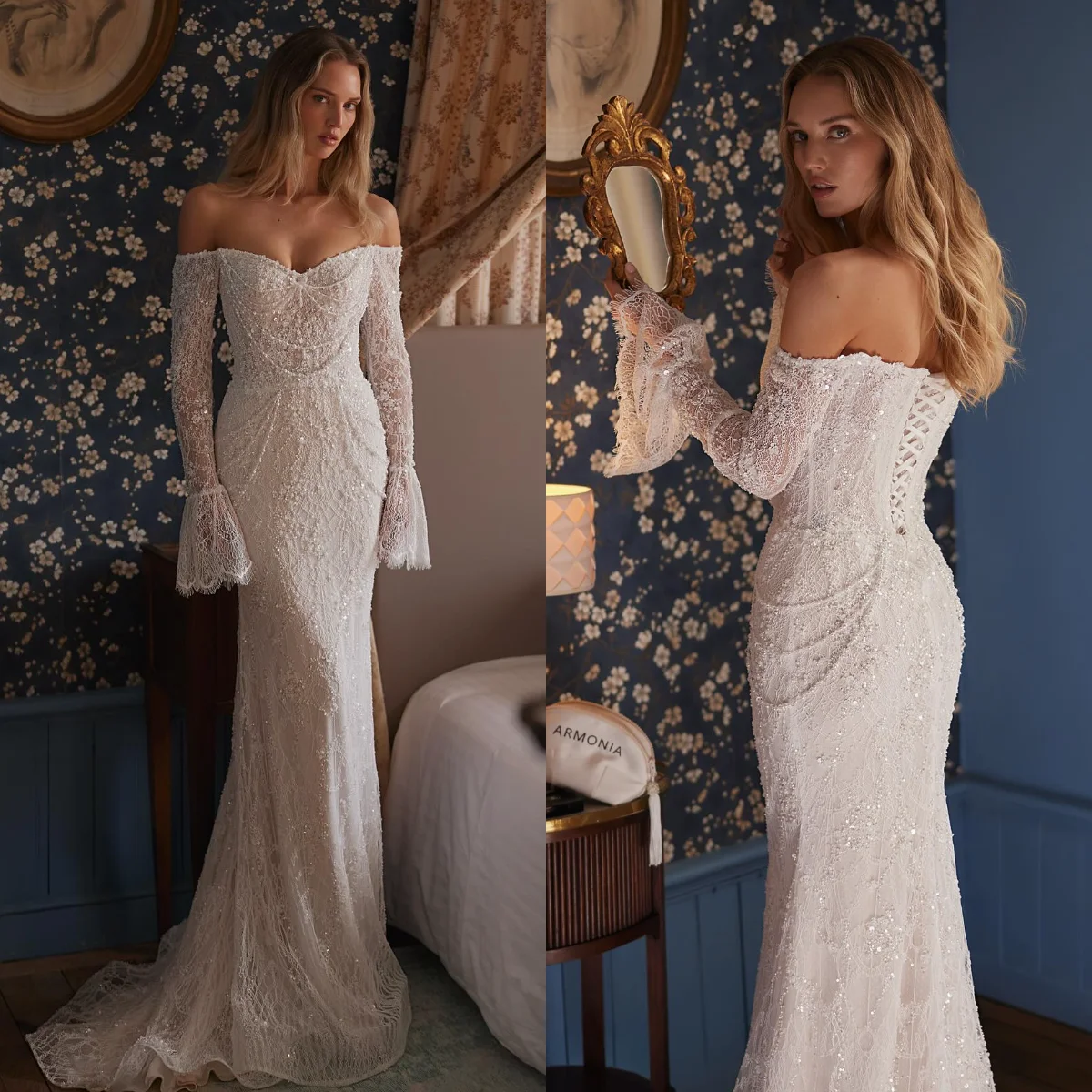 

Gorgeous Pearls Mermaid Wedding Dress Bridal Gowns With Detachable Train Long Sleeve Customized Off The Shoulder Robe De Mariée