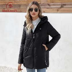 Hailuozi 2023 novo design primavera mulher jaqueta mid-long bolsos laterais casual feminino acolchoado parkas com capuz zíper casaco feminino 3361