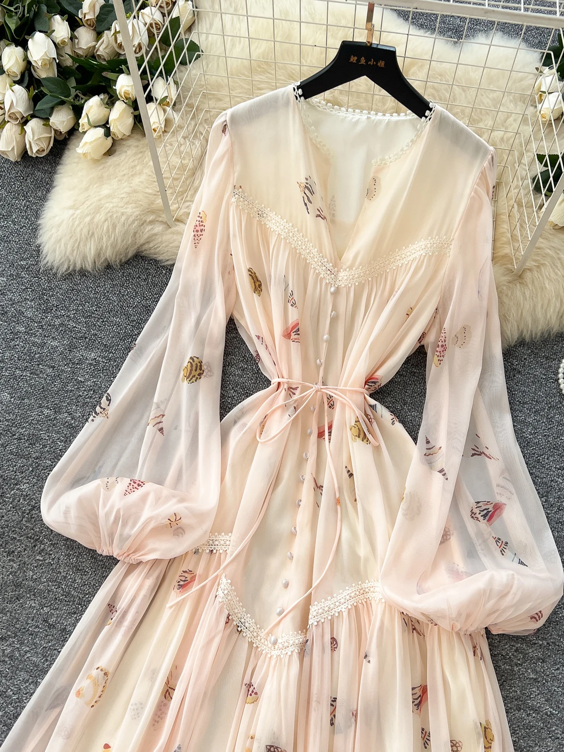 Retro Court Sle Patchwork di pizzo Cintura in vita Lanterna Sve Floreale Lungo Dr Abito da donna di fascia alta Sensation Coreano Sle A...