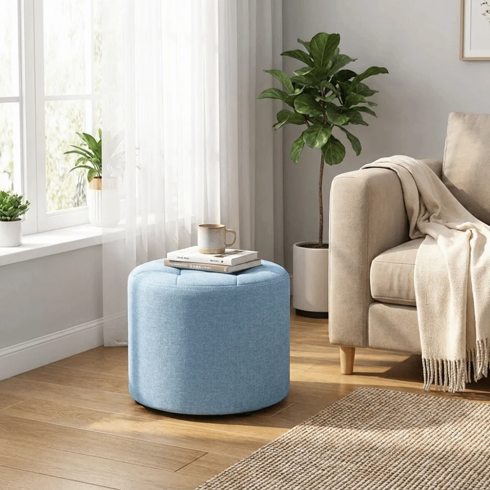 Minimalist Round Low Stool Soft Portable Sitting Pier Sturdy Breathable Textured Fabric Footrest Living Room