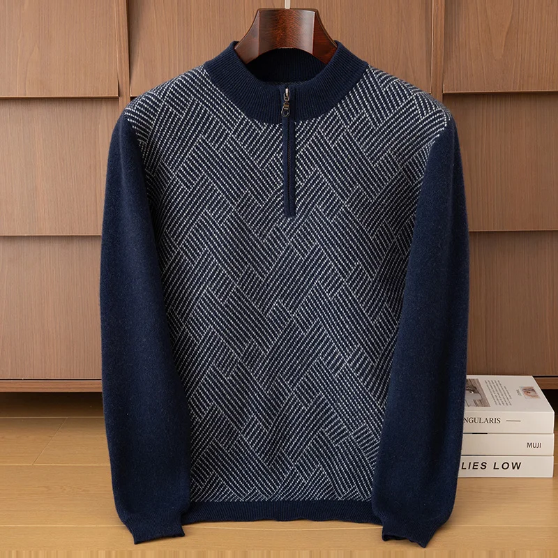 Outono e inverno masculino meia altura com zíper pescoço engrossado camisola jacquard lã camisola de negócios