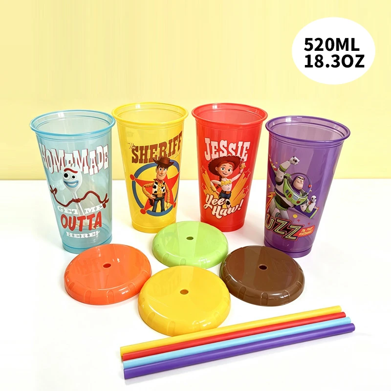 Juego de vasos con pajita de Disney Toy Story, 4 Uds., 520ML, vaso de plástico con pajita, vasos reutilizables para bebidas, botella de agua de dibujos animados para viaje