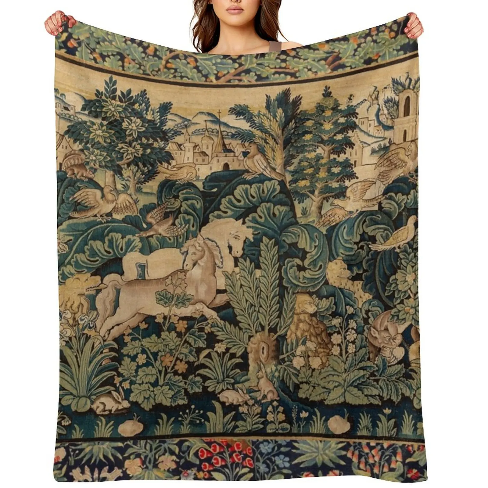

FANTASTIC ANIMALS AND HORSES IN WOODLAND Blue Green Ivory Antique French Tapestry Throw Blanket Thermals For Travel Blankets