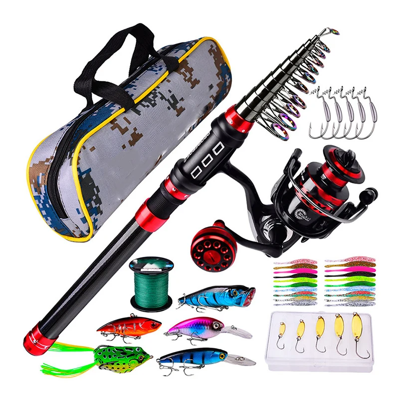 Cheap New Spinning Telescopic Carbon Fishing Rod Reel Combo Kit Set with Fishing Floats Hooks Waterproof Carton Box