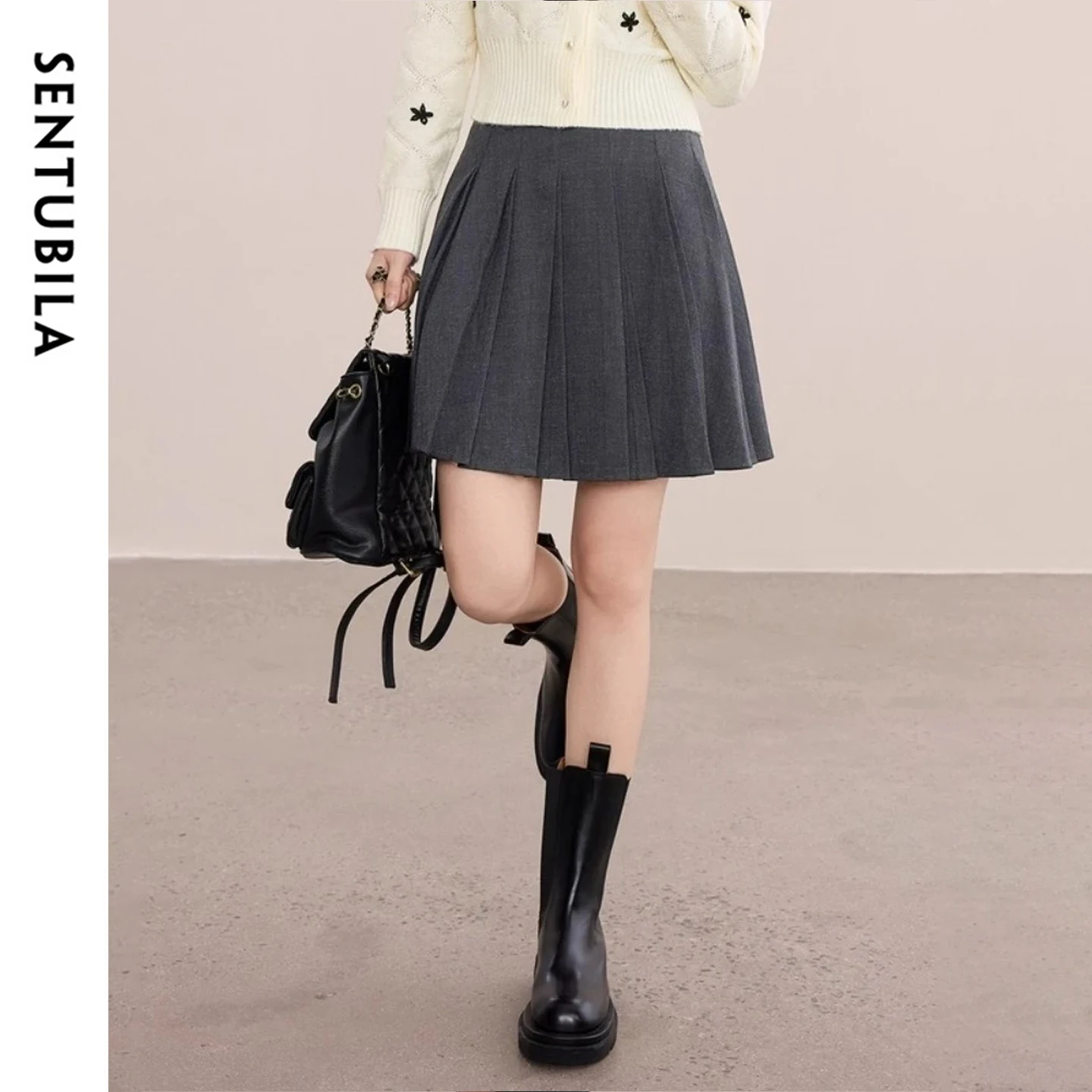 SENTUBILA Women's Pleated Skirt Solid Detachable Belt A-Line Mini Skirt 2026 New Collection Front Double Pleat Skirts 153QB2599