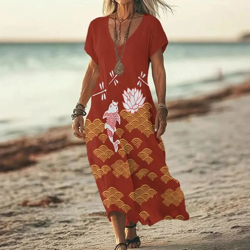 Japanese Style Koi Fish Dragonfly Wave Art Print V-neck Dress 3D Printed Casual V-neck Dress Female Dresses view 3