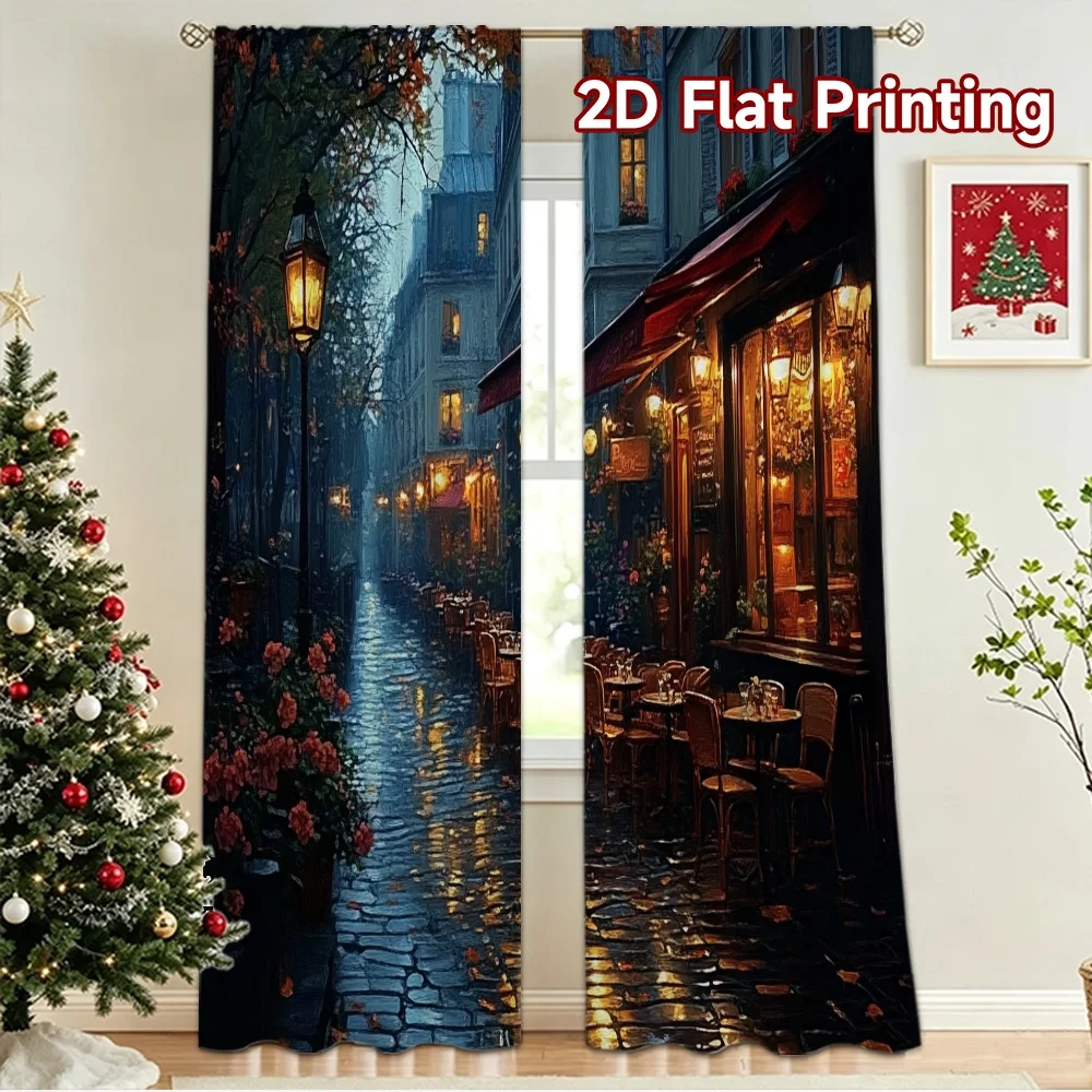 2D flat 2pcs Curtain Retro Country Style Rainy Paris Cafe Street Digitally printed polyester Birthday Party Perfect for Indoor