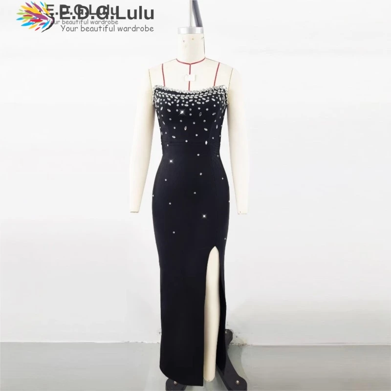 Edglulu sem alças estampagem quente emenda vestidos elegantes para mulher sexy sem costas garfo alto bodycon bandage vestido 0627