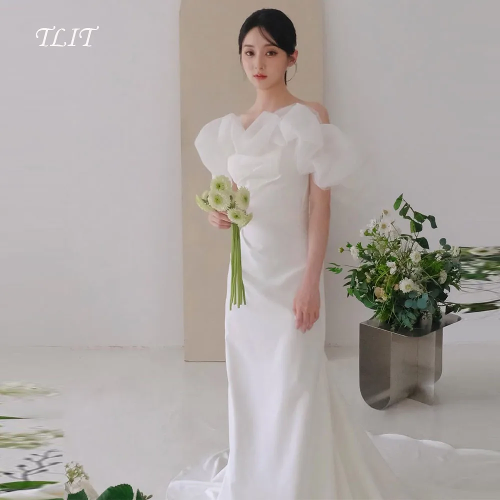 فستان زفاف أنيق من الساتان حورية البحر باللون الأبيض من TLIT ثنيات من الأورجانزا بدون حمالات فساتين حفلات كورية فستان الزفاف صور تبادل لاطلاق النار حسب الطلب #1