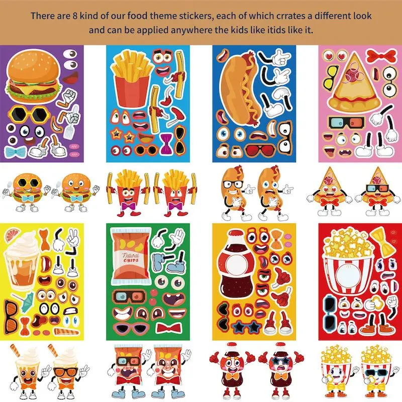 6-24sheets Make Your Own Junk Food Stickers Children Creative Toys Make a Face Puzzle Jigsaw Kids DIY Sticker Party Games Gift