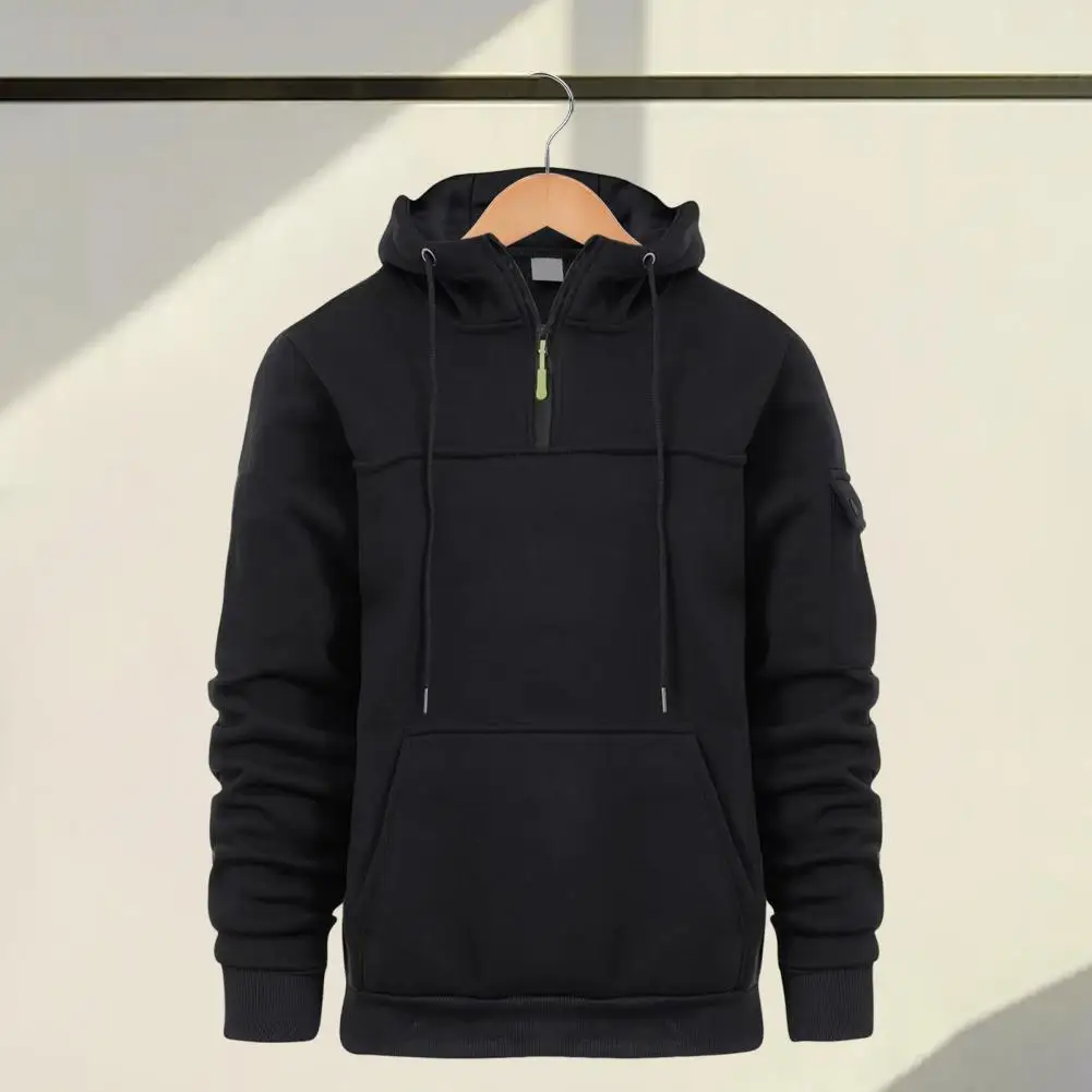 Windproof Pullover Men's Fall Winter Hoodie with Drawstring Big Pocket Solid Color Long Sleeves Retro Thin Loose for Daily