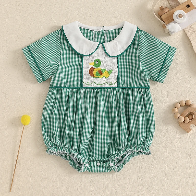 بدلة قطعة واحدة للفتيات الصغيرات بأكمام قصيرة وياقة دمية لطيفة ومطرزة على شكل بطة لحديثي الولادة لفصل الصيف