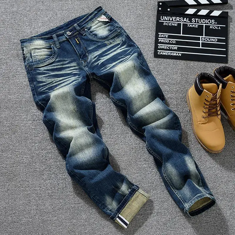 Korean style trendy street blue denim pants for men, retro and nostalgic, heavy weight slim fit straight leg distressed jeans