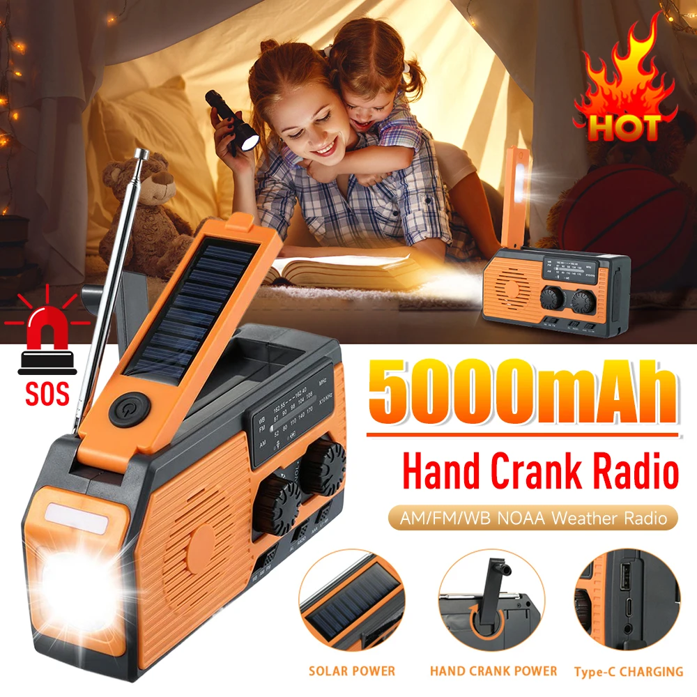 5000mAh multi-fonctionnel Radio manivelle solaire USB charge FM AM WB NOAA météo Radio d'urgence lampe de poche LED batterie externe