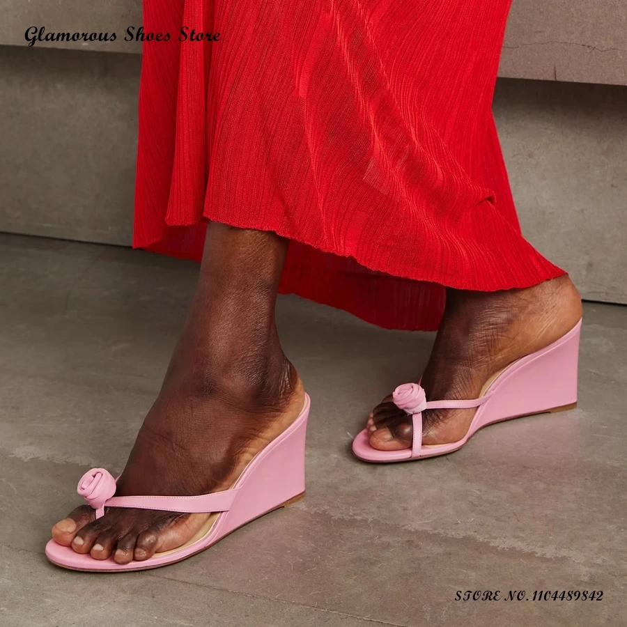 

Flower Appliques Leather Wedges Slippers Women's Flip Flop Party Dress Casual Shoes Spring Summer Pull On Plus Size High Heels