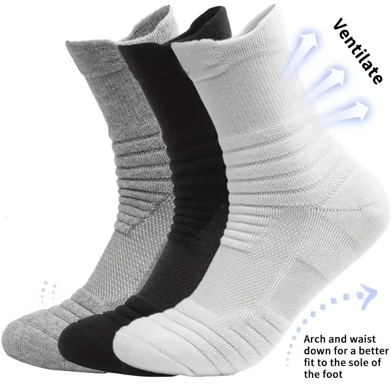 3 Paar/Set Herren Hochelastische Kompressionssocken Atmungsaktive Sport-Radsocken Feuchtigkeitsableitende Basketball-Strümpfe