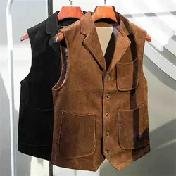 Chaleco de pana para hombre, chaleco de algodón marrón claro, nuevo estilo, solapa con muescas, Color sólido con bolsillos, chaleco para ropa masculina жиernuка