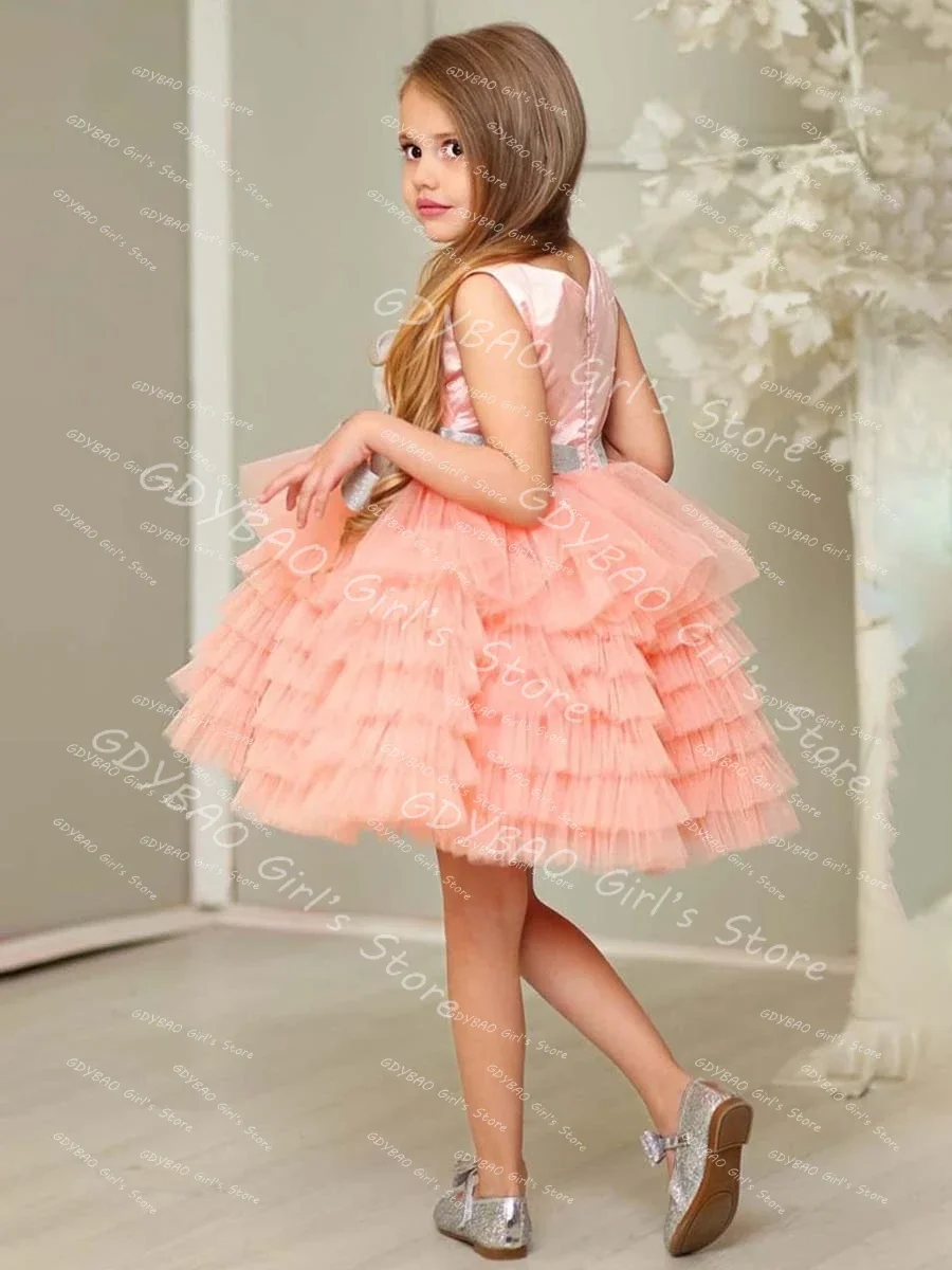 فستان حفلات للفتيات منفوش مع وشاح فيونكة متدرج توتو الأميرة فستان حفلات بطول الركبة للأطفال مخصص لحفلات الزفاف فستان فتاة الزهور