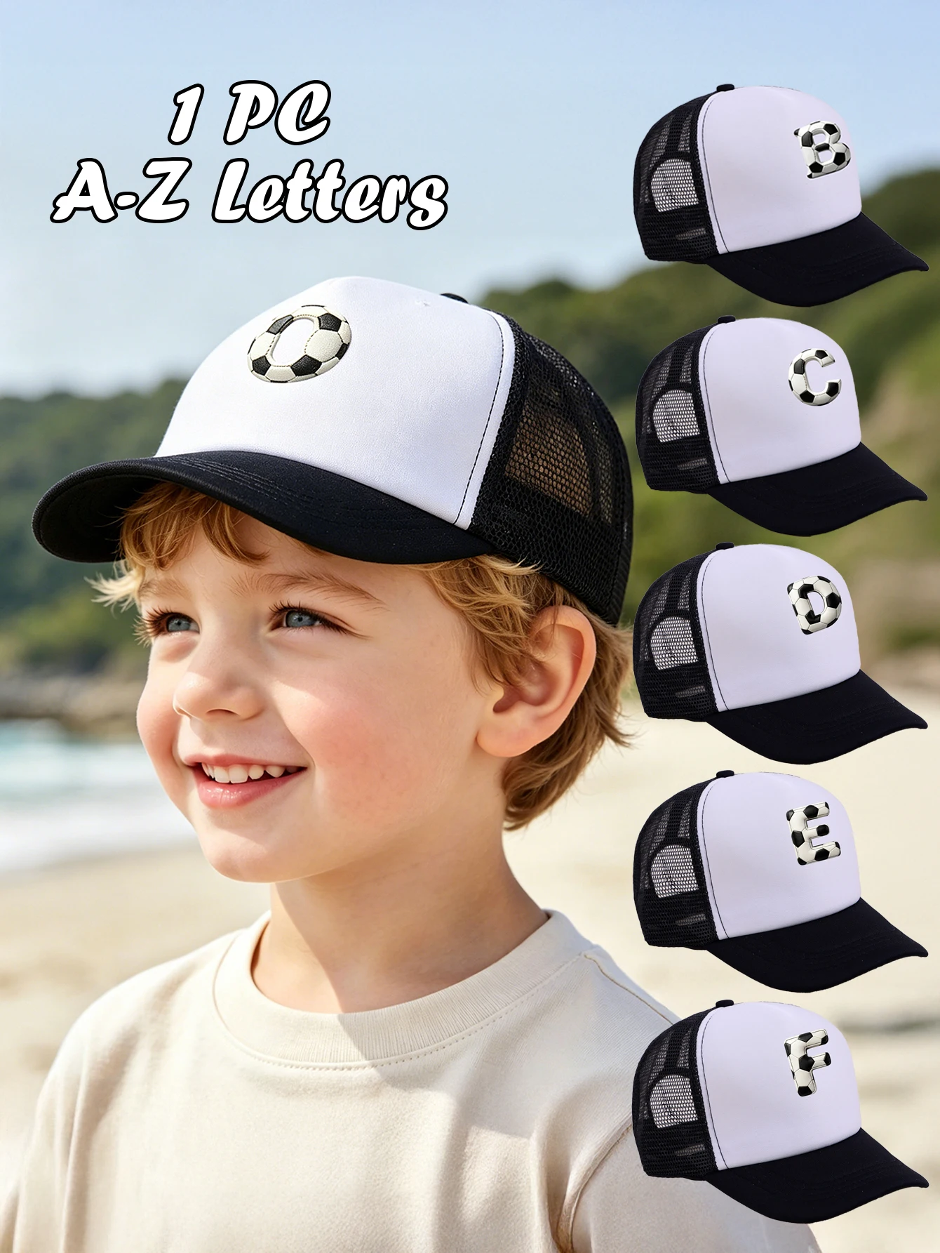 

1pc black boy baby baseball cap 3-8 years old Football A-Z letter Mesh Cap for Girls and Boys, Spring/Summer New Style Sun Prote