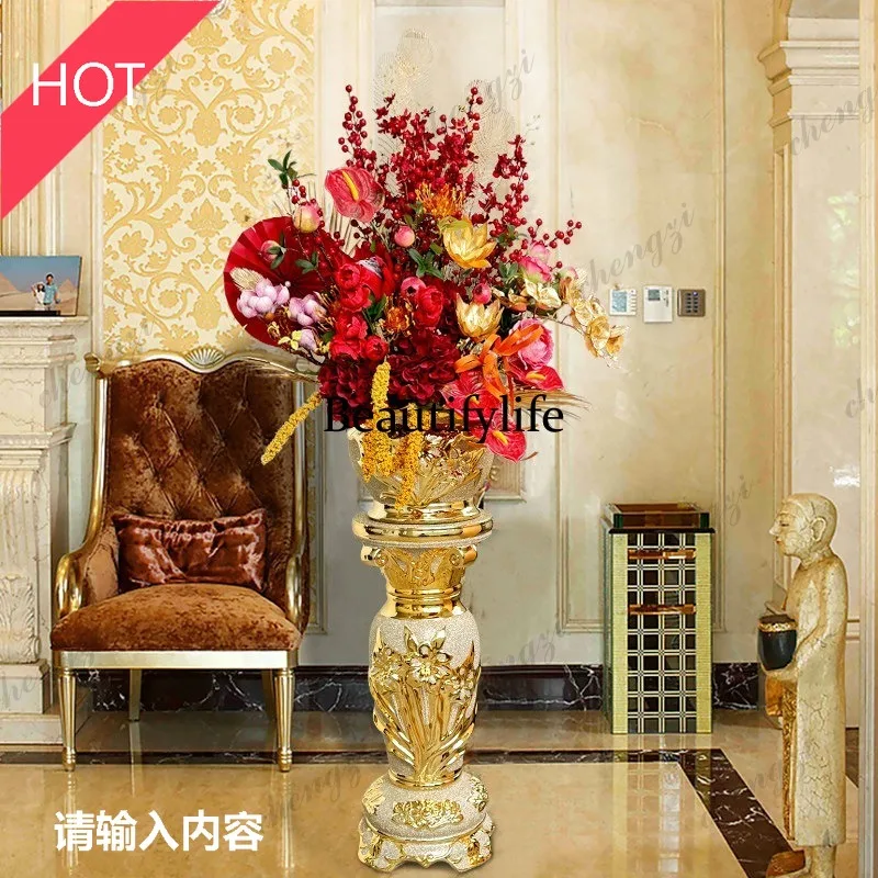 03 European Luxury Roman Column Floor Simulation Flower Set Ceramic Vase Silk Flower Living Room Hotel Villa Decoration