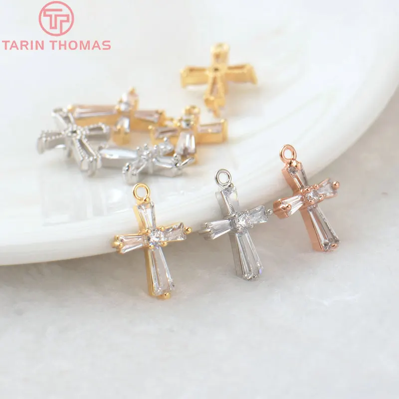 (1308)4PCS 18x12MM Hole 1.5MM 24K Gold Color Brass with Zircon Cross Pendants for DIY Jewelry Making Findings Accessories