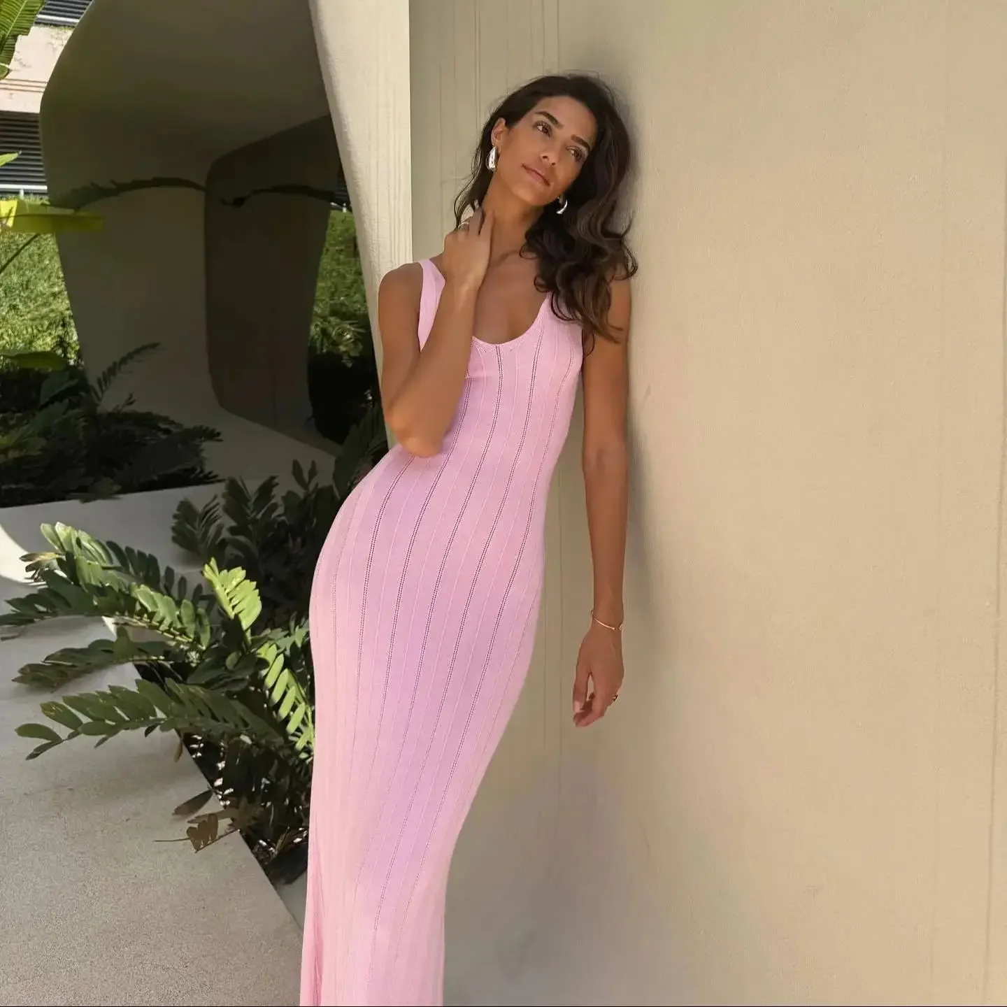 Pink White Knitted Beach Maxi Dress Women Summer Sexy Hollow Out Sleeveless Slim Long Dresses Party Holiday Backless Outfit Robe