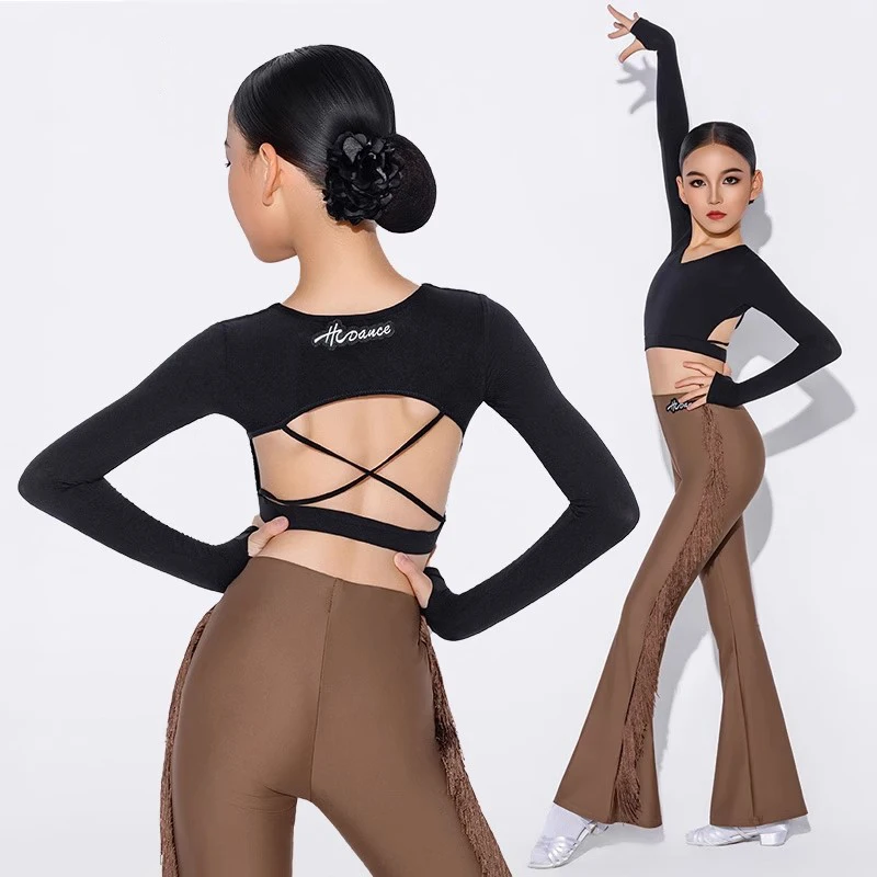الفتيات طويلة الأكمام عارية الذراعين أعلى شرابات السراويل انقسام دعوى أزياء رقص اللاتينية تشاتشا رومبا تانجو الرقص المنافسة ارتداء DN21972 #1