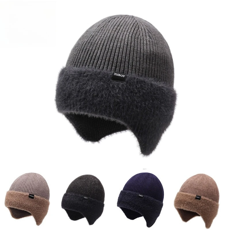 Hearing Protection Men Winter Knitted Hat Fleece Lined Thickened Cold Resistant Protective Ear Cover Beanie for Cycling