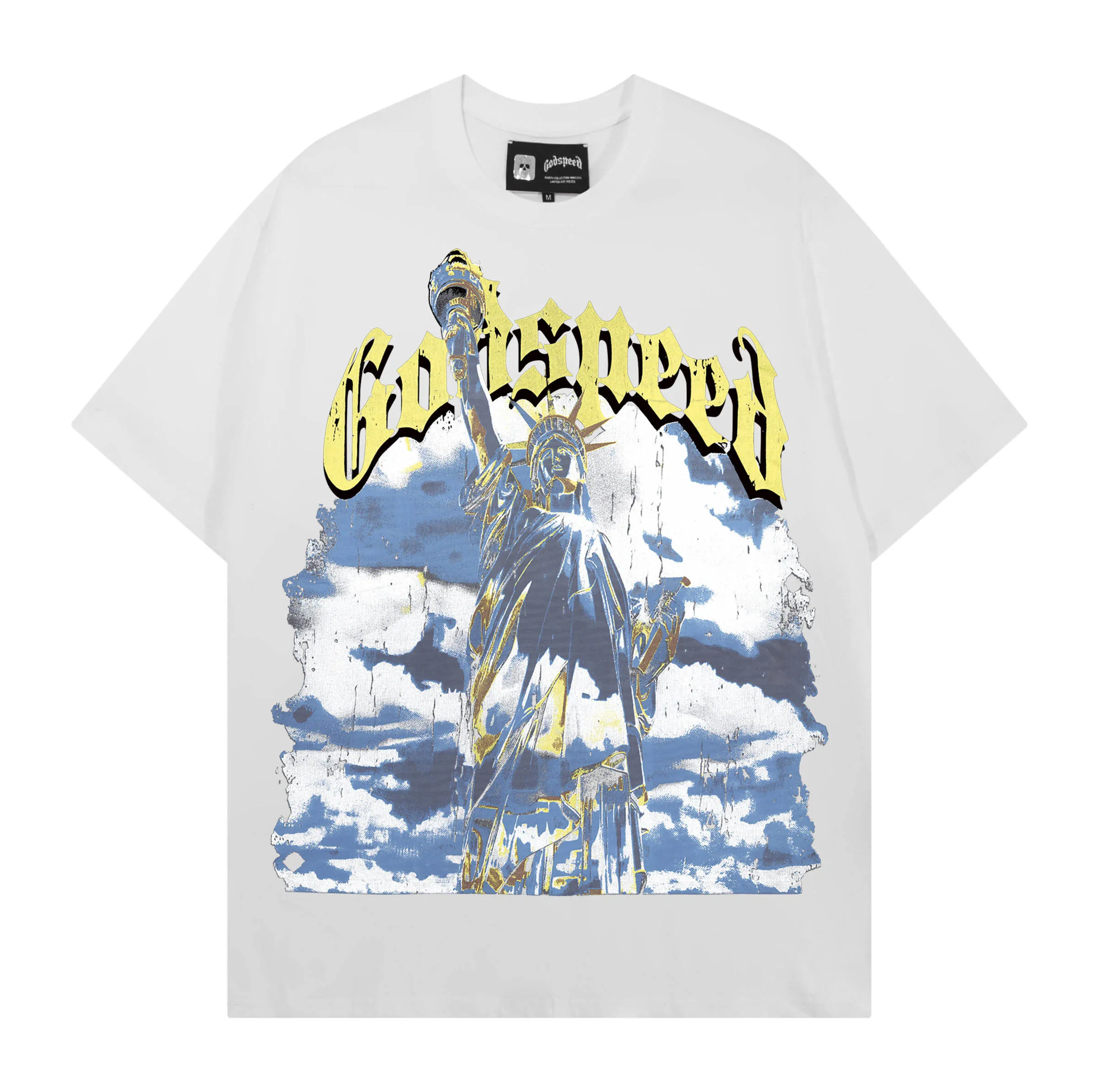 American Style Godspeed Trendy Brand Freedom Statue Print High Street Hip Hop Rock Retro Loose Pure Cotton Short Sleeve T-Shirt