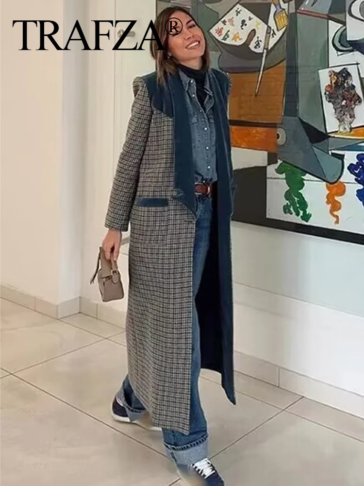 

TRAFZA Women's New Fashion Turn Down Collar Long Sleeve Single Button Plaid Wool Coat Female Chic Elegant Pocket Mid-Calf Coat