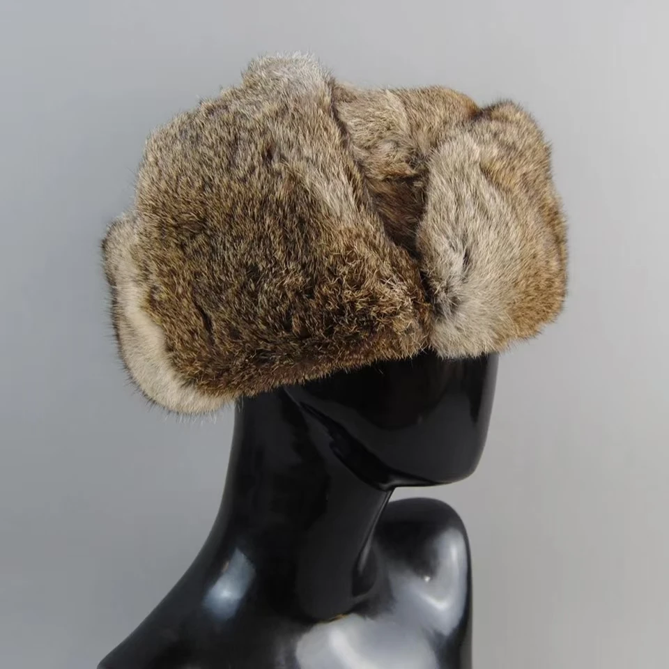 Gorro de piel de conejo para hombre, gorro de bombardero de piel auténtica 100%, orejeras cálidas a prueba de viento, plano, gris/Negro, gorra rusa ajustada, Invierno