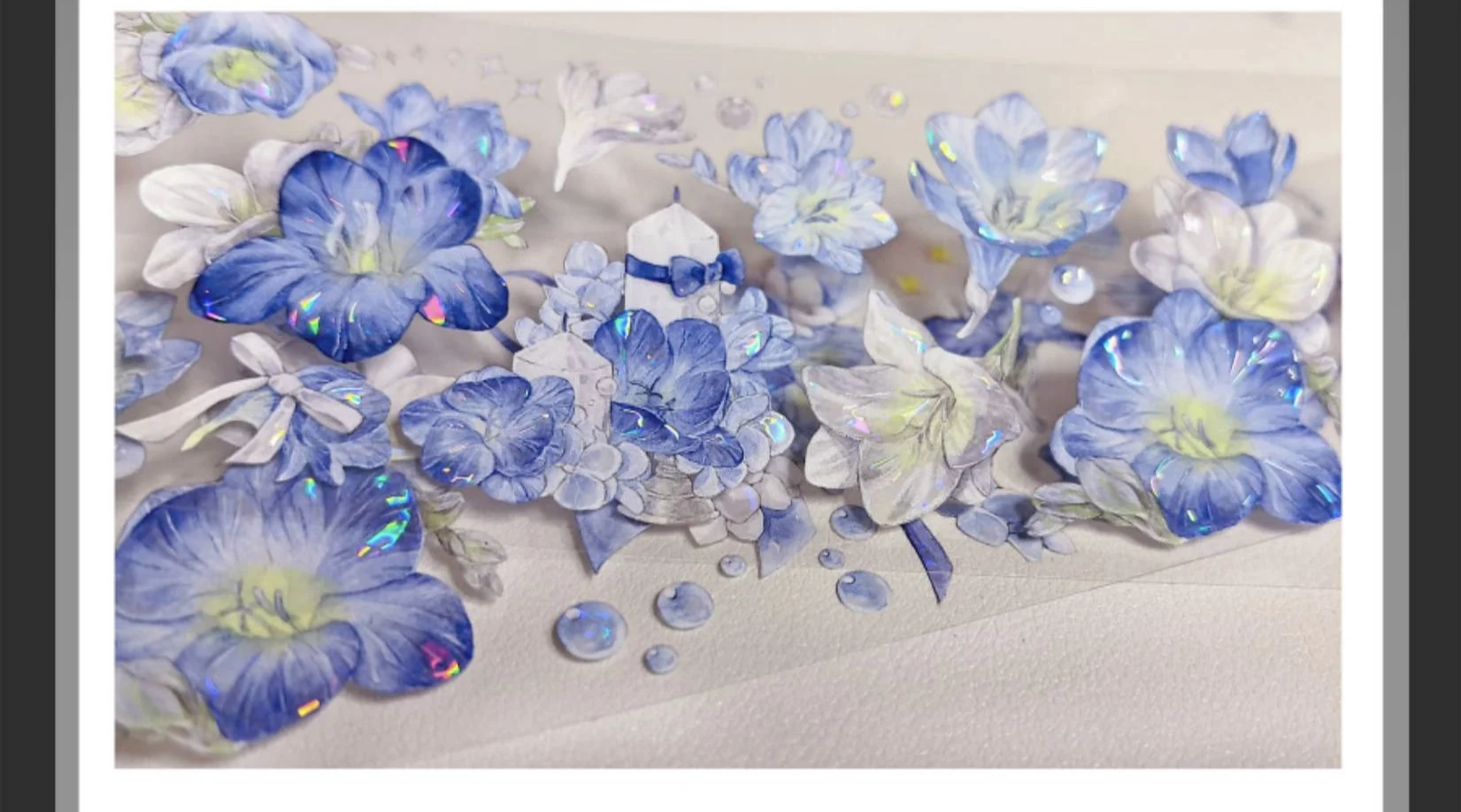 shell floral washi tape brilho claro azul e branco 01