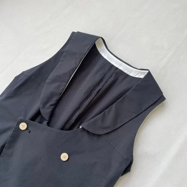 Lagenlook Women Sleeveless Vest Asymmetric Double Button Frayed Edge Back Braided Rope Adjustable Vintage Casual Waistcoat