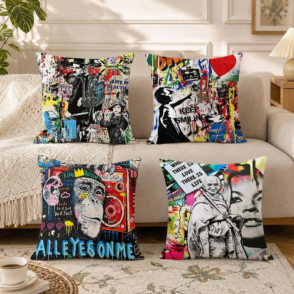 Artist-BanksyS Cushion Cover Soft Square Throw Pillow Covers Set for Sofa Bedroom Car Home Decoration
