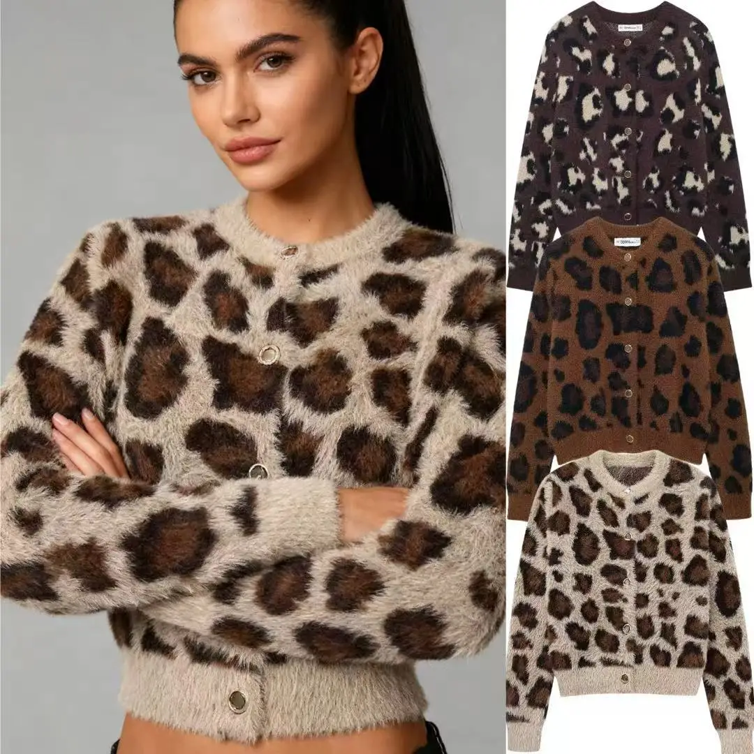 

Осенняя женская кардиганская куртка с леопардовым принтом и круглым вырезом, однобортная женская куртка из искусственного меха, стильный уличный вязаный свитер для женщин