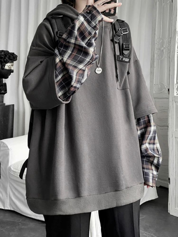 

Fake Two Pieces Hoodies Women Men Oversized Plaid Sleeve Patchwork Hoody Sweatshirts Harajuku Sudaderas Grunge Moletom