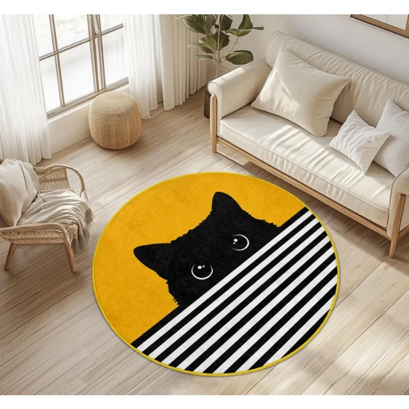 Cat Round Carpet Cute Black Cat Stripe Printed Rug Living Room Bedroom Dressing Table Non Slip Floor Mat Home Decoration
